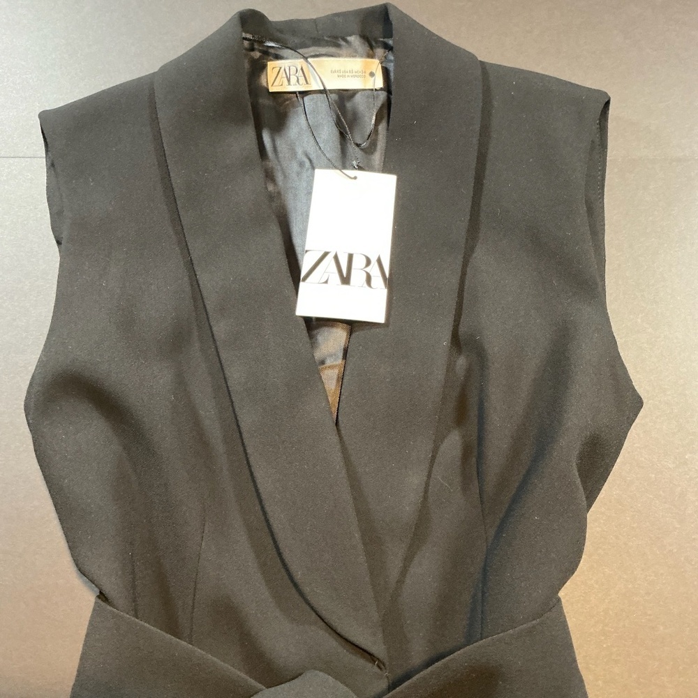 ZARA Sleeveless Belted Blazer Vest XS Black Tailored Longline Vest NWT 7848-187/ - Picture 2 of 11